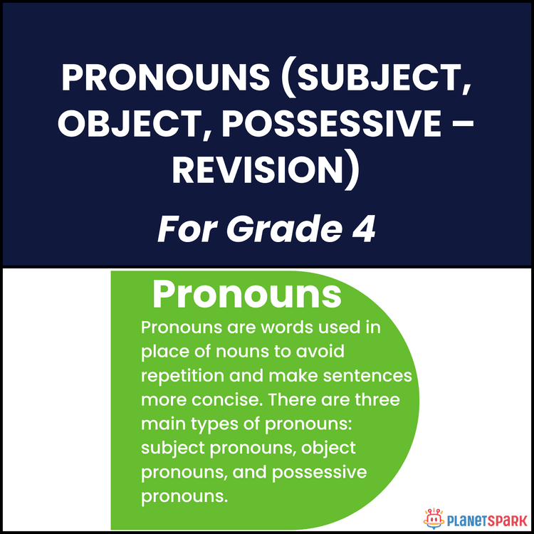 Class 4 Grammar Worksheet on Pronouns (Subject, Object, Possessive)