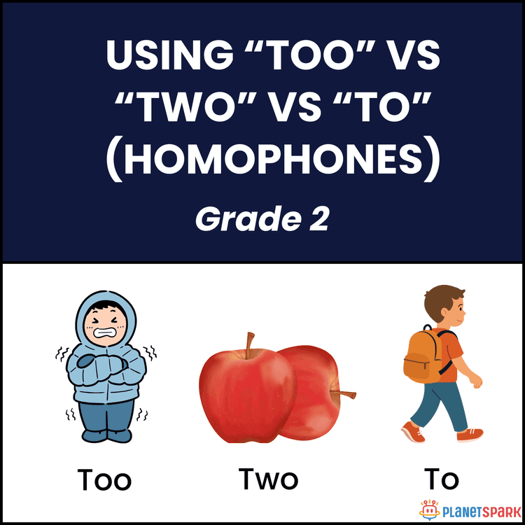 Class 2 Grammar Worksheet on To, Too, Two Homophones