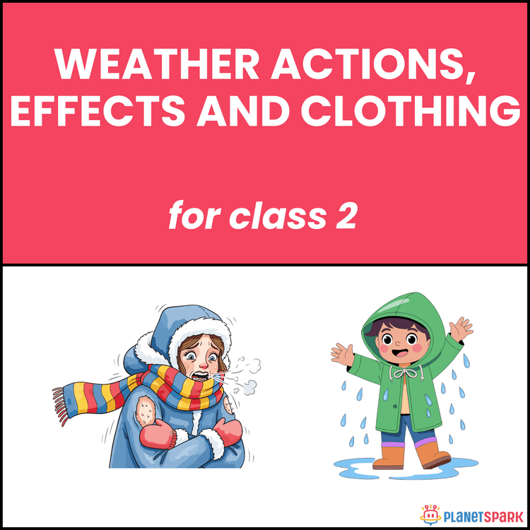 Class 2 Vocabulary Worksheet on Weather Actions Effects and Clothing