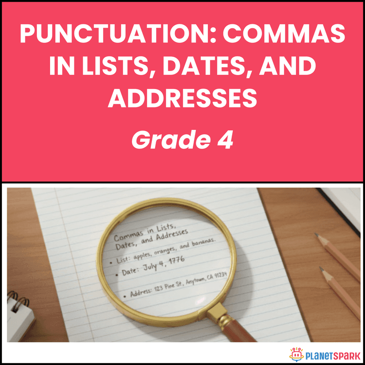 Class 4 English Worksheet on Commas in Lists Dates