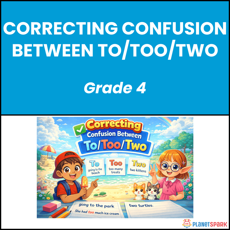 Class 4 Worksheet on To, Too, and Two Confusion