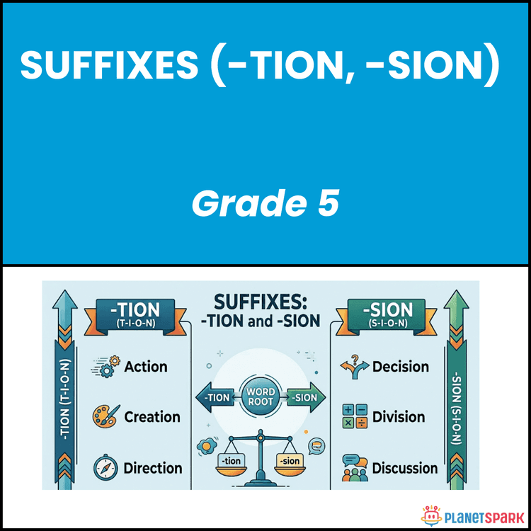 Class 5 English Grammar Worksheet on Suffixes