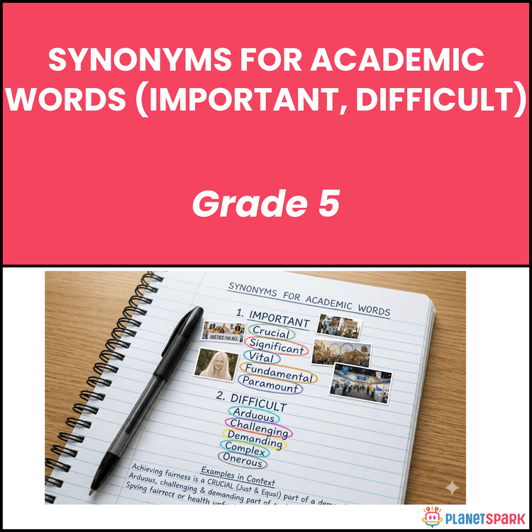 Class 5 Grammar Worksheet on Synonyms Academic Words
