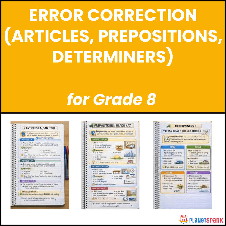 Class 8 Error Correction Articles Prepositions Worksheet