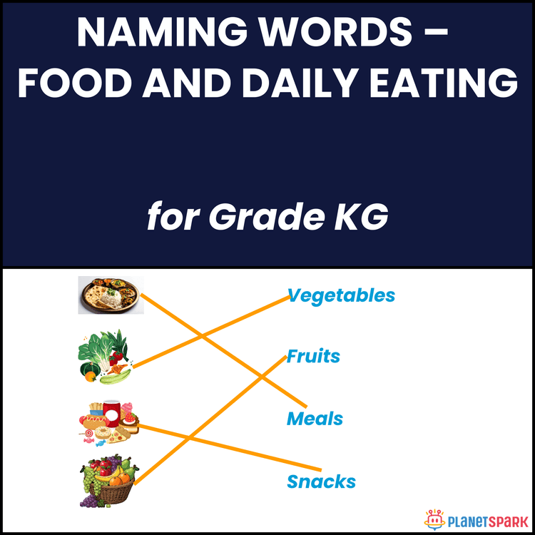 Class KG English Worksheet on Naming Words Food