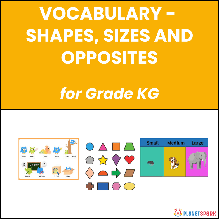 Class KG English Worksheet on Shapes Sizes Opposites