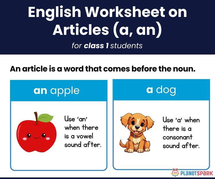 Class 1 Grammar Worksheet on Articles – A, An, The